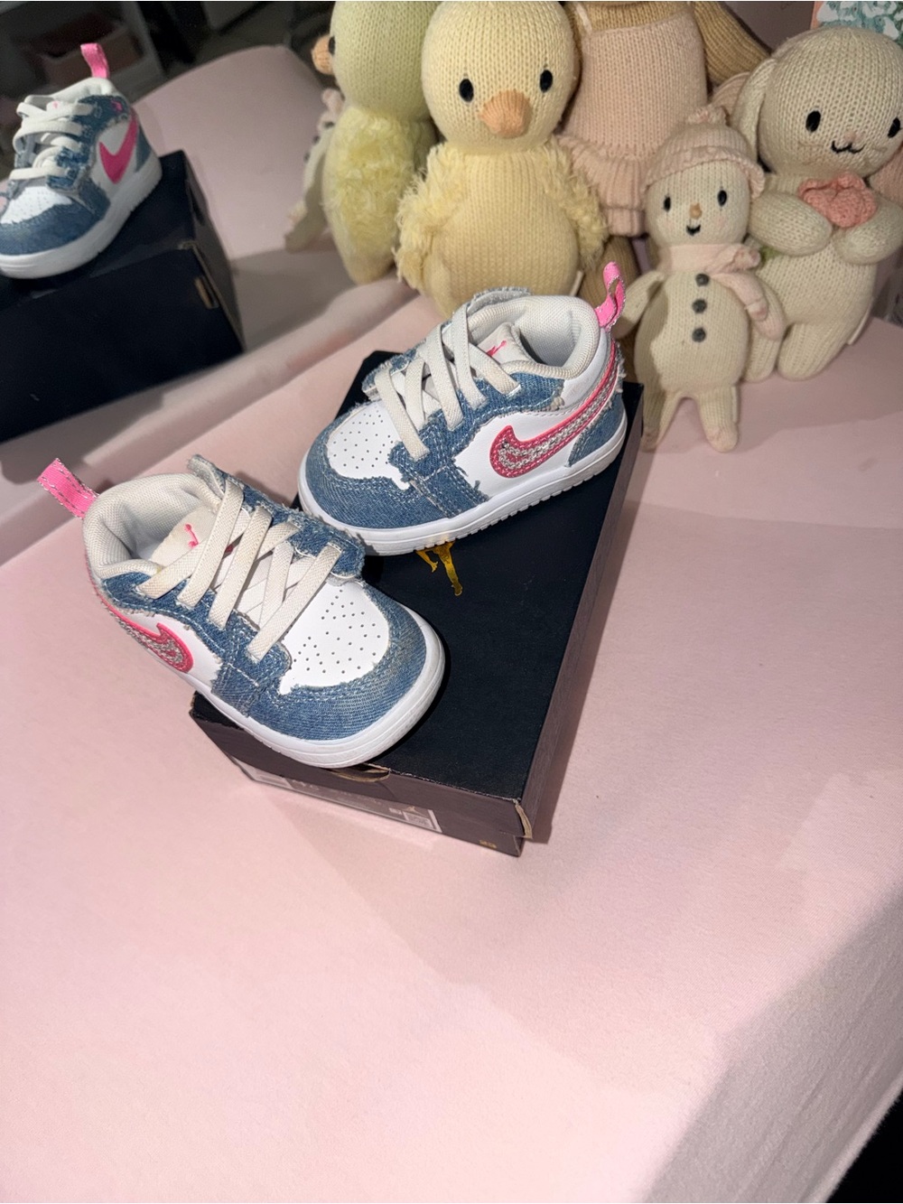 Nike Kids Denim-Look Sneakers with Pink Swoosh